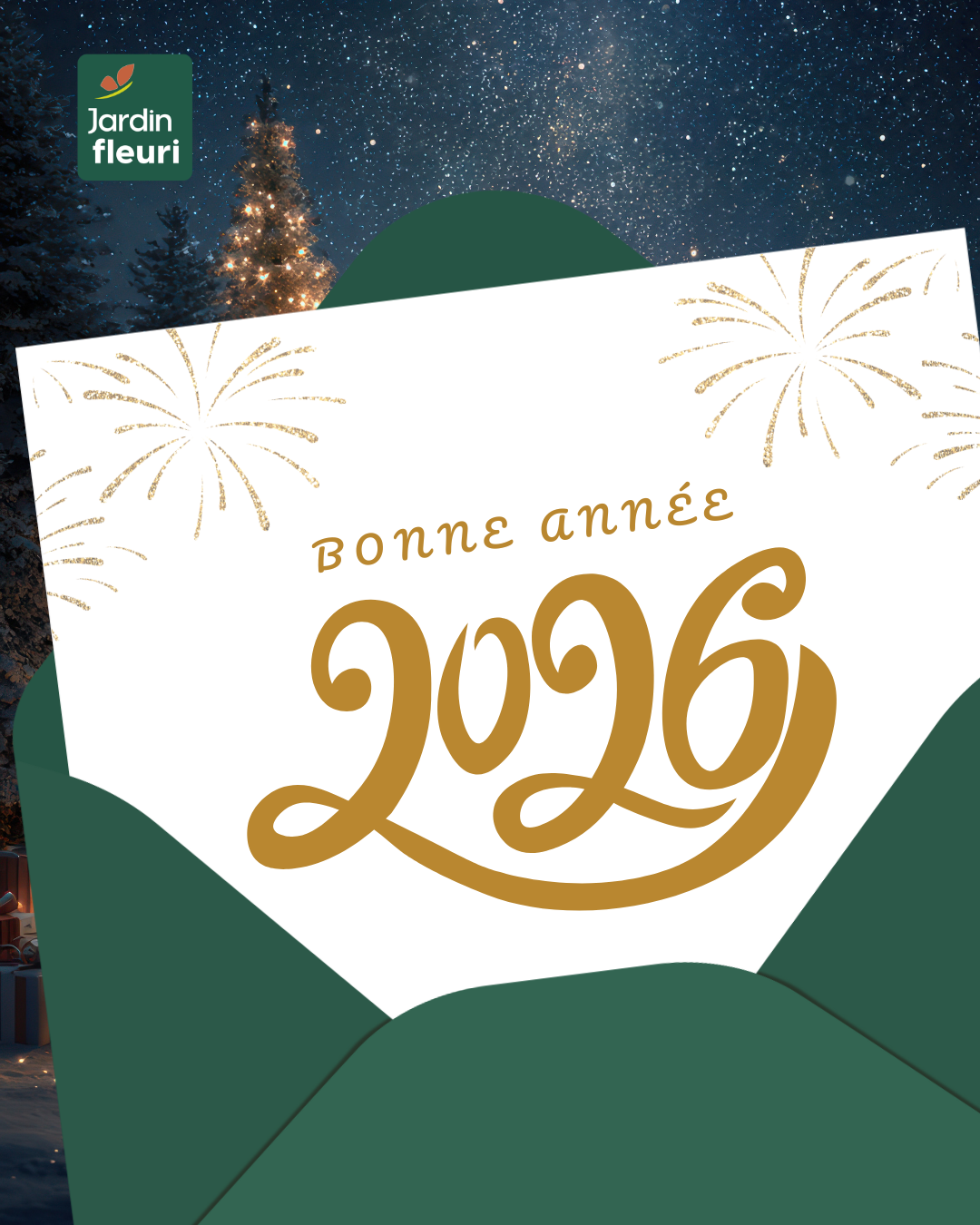 Bonne année 2026 de toute l’équipe Jardin Fleuri avec carte de vœux aux couleurs de la marque et ambiance hivernale naturelle.
